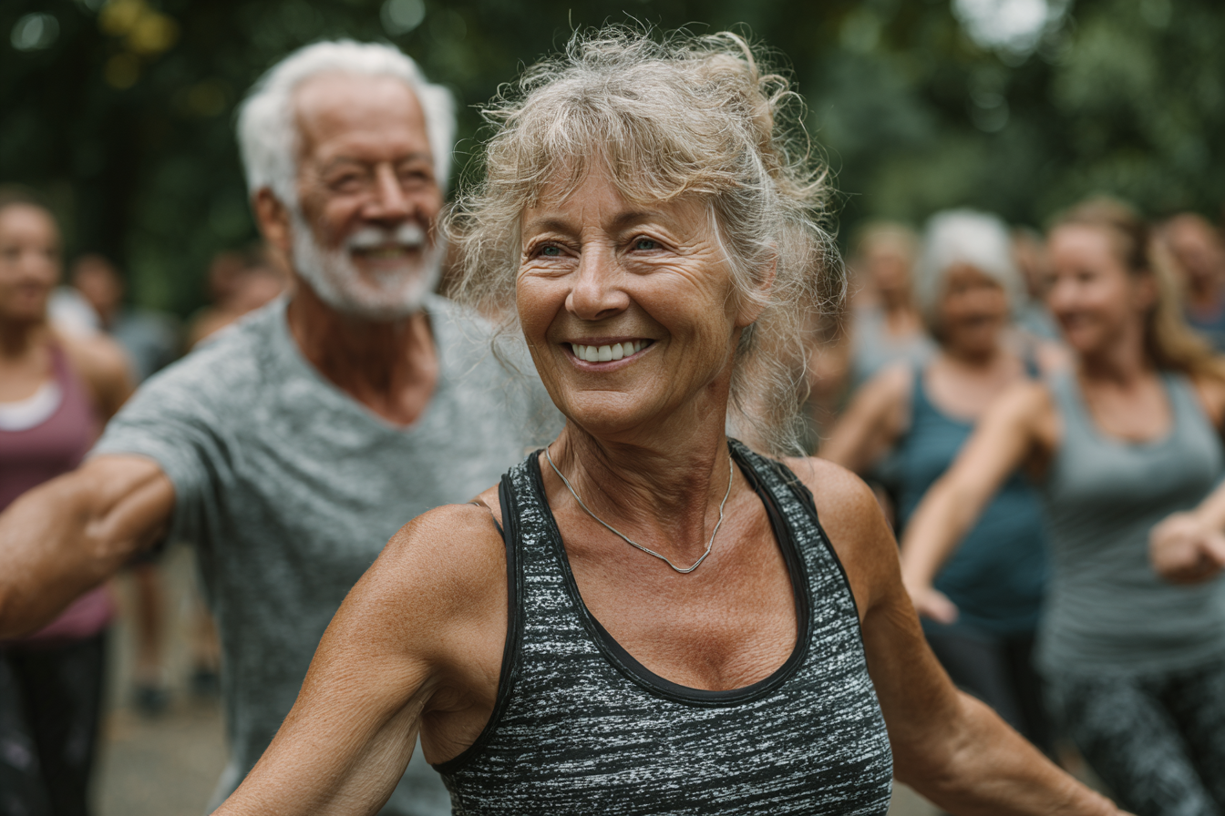 Пара людей среднего возраста занимается спортом в спортзале с персональным тренером