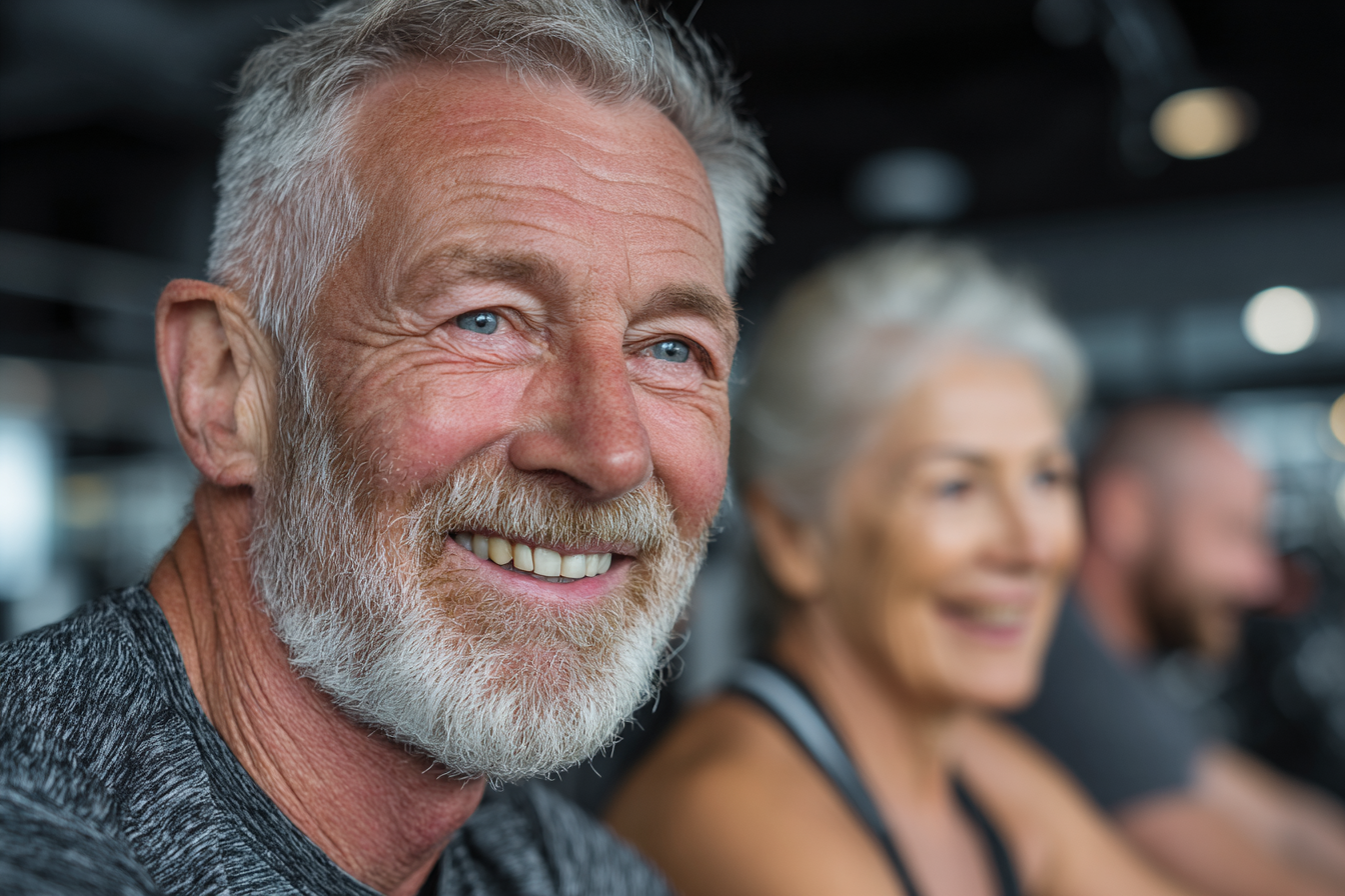 Группа людей старшего возраста медитирует в саду